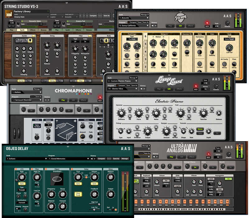 The five instruments and delay processor included in the Applied Acoustics Modeling Collection.