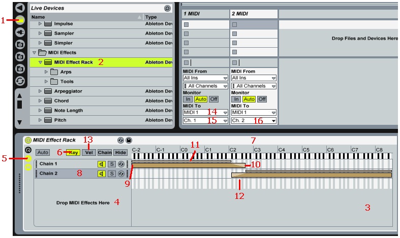 Live's Rack feature makes it easy to do splits, layers, and othe MIDI keyboard routings.