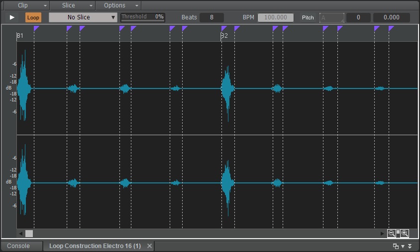 This screen shot shows Cakewalk by BandLab's loop construction window, where you can create files that stretch automatically to tempo.