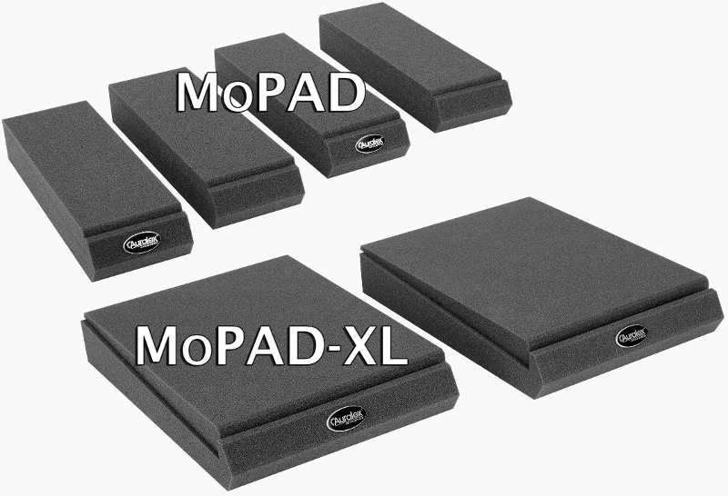 Image of the MoPAD and MoPAD-XL speaker isolators. These foam pads isolate a speaker from the surface on which it sits.