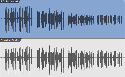 Screen shot of two waves, one without, and one with compression to bring out the soloing frequencies. 