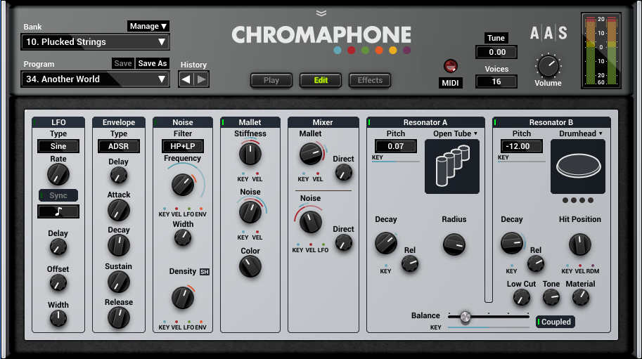 Like the other instruments, Edit is the most interesting of the three screens and it varies from model to model. This screen shows the available editable parameters for a Plucked Strings preset.