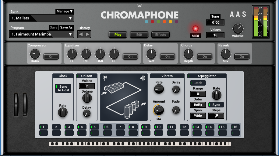 The Play page takes on particular importance because of A|A|S's proclivity toward including MIDI learn. Being able to control all these parameters from a keyboard controller with lots of assignable faders allows for cool live performance playability.