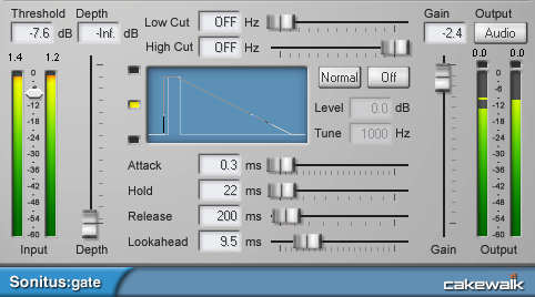 This shows typical parameter settings for the gate in the guitar track so that it reacts to the drum audio.