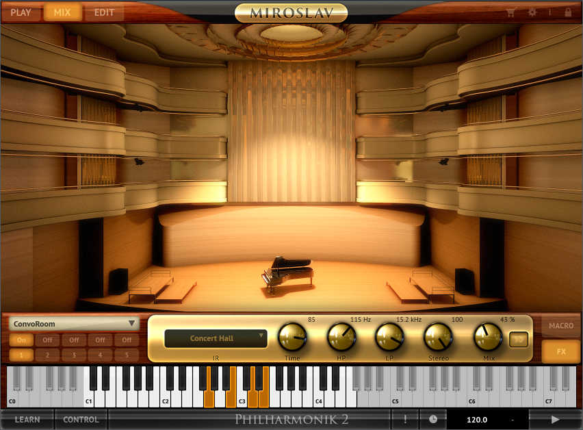 Miroslav Philharmonik 2 creates four acoustic environments through convolution reverb. This shows the space used for the concert hall algorithm.