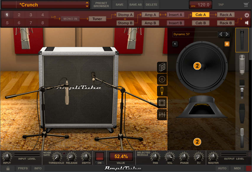 Dual virtual mics can choose among multiple mic models, miking positions, cabinets, and even speakers to create the sound of recording an amp in the studio.