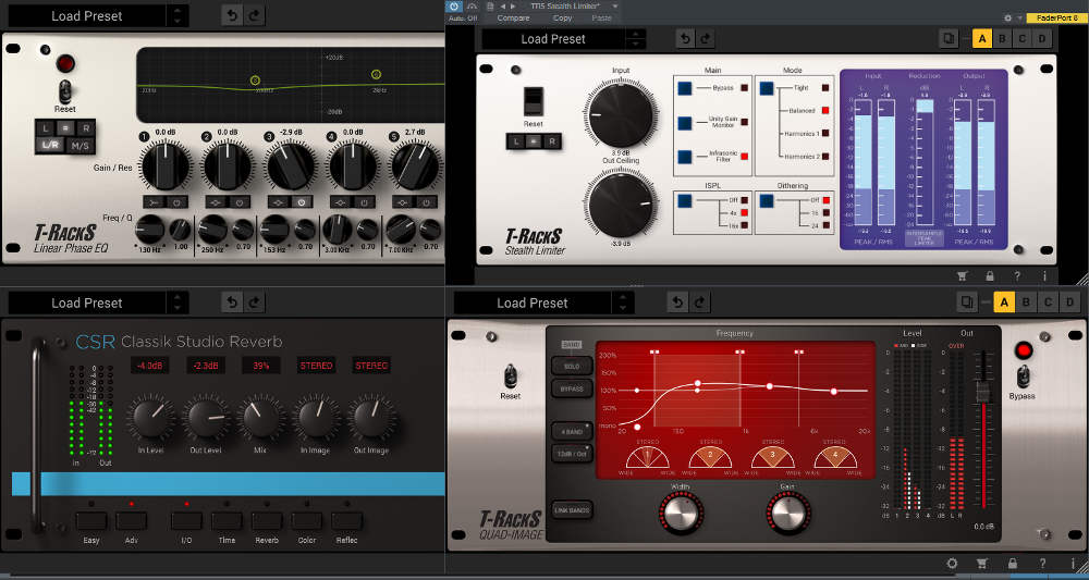 This image shows four signal processors: Linear-Phase Equalizer, Stealth Limiter, Quad Image, and CSR Classik Studio Reverb.