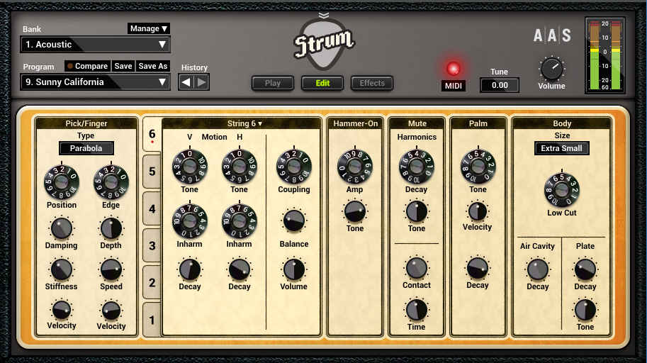 The GS-2 includes a variety of knobs for programming different types of virtual guitar sounds.