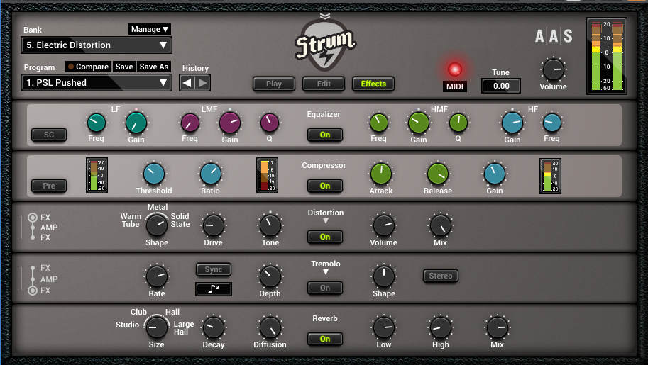 The Strum GS-2 effects page provides guitar-friendly effects like an equalizer, compressor, distortion, tremolo, and reverb.