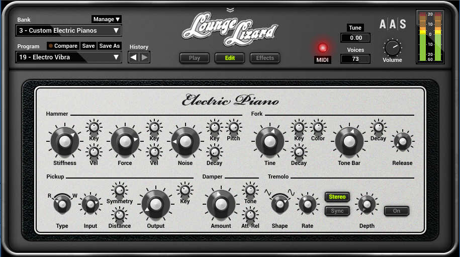 The Lounge Lizard's Edit page exposes a lot of parameters that allow tailoring the sound well beyond conventional electric pianos.