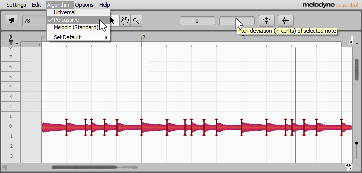 This image shows Melodyne in percussive analysis mode, which is essential to do envelope-controlled flanging.