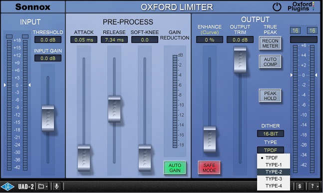 Screen shot of the Oxford limiter plug-in that shows a drop-down menu with five different types of dithering