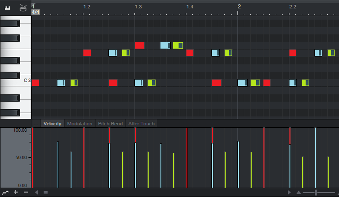 This image shows how copying and time-shifting a MIDI track creates MIDI echo effects.