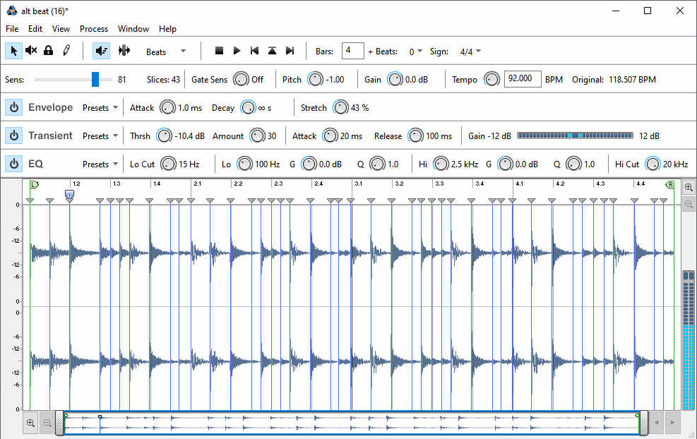 Screen shot of ReCycle cutting audio into slices to allow time stretching