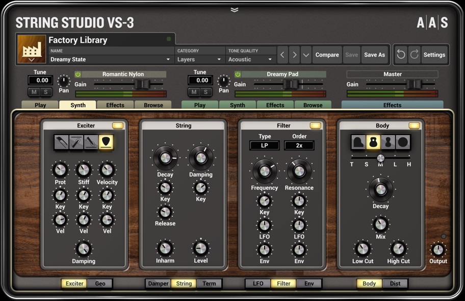 On the VS-3 synth page, note the buttons under each panel where you can change the panel’s functionality.