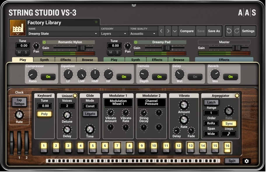 Unlike the other instruments, a single Play button for the VS-3 isn't enough because it's a two-voice multitimbral instrument.