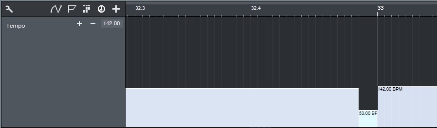 This view of the tempo track in Studio One shows how to create a dramatic pause by adding a short, deep tempo change.