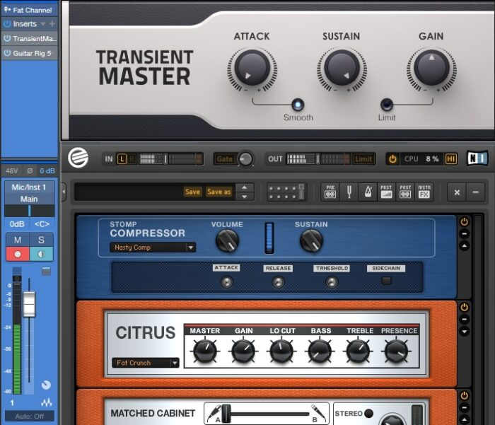 Native Instruments' Transient Master plug-in used with guitar amp simulation.
