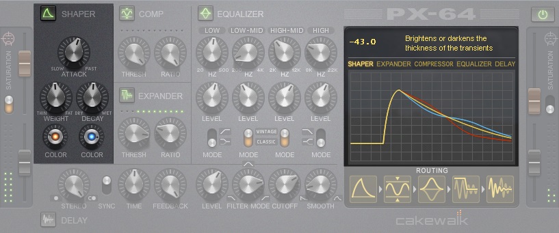 Cakewalk's PX-64 plug-in, which is designed for percussive applications, contains a transient shaping module.