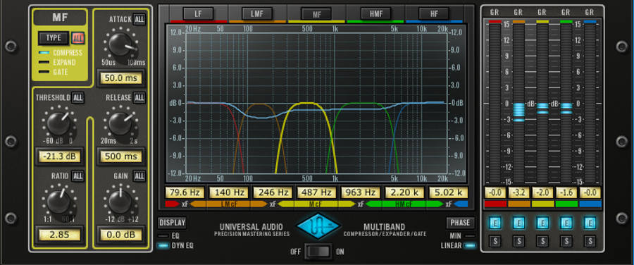 Universal Audio Multiband Compressor plug-in ,showing response in five different bands.