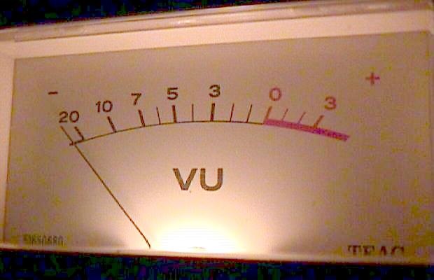 This VU meter, from an ancient tape recorder, is calibrated in dB.