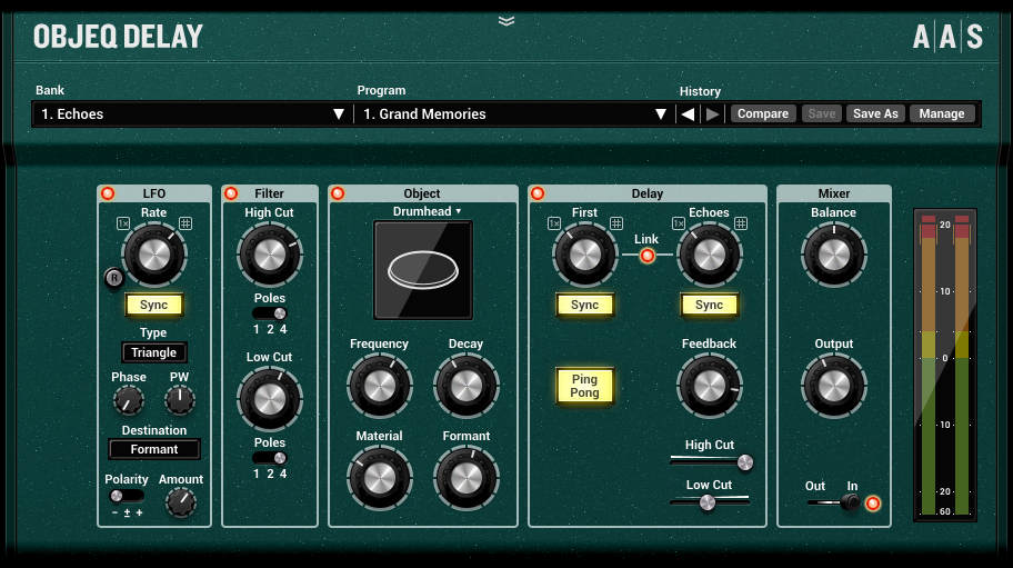 The Objeq Delay's complement of controls differs from conventional delays, particularly because of the "object" parameters. 