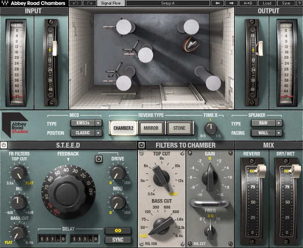 This image shows the user interface for the Abbey Road Chambers plug-in from Waves emulates the famous reverb sound of Abbey Road studios in England.