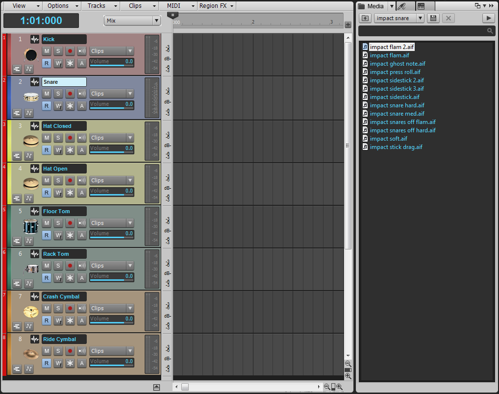 A template set up in Cakewalk for one-measure loops. Samples (from the Discrete Drums Series 1 library) can be dragged from the browser (right pane) into the track view.