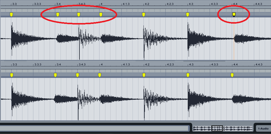 Moving Ableton's Warp markers can align notes that aren't on the beat to the rhythmic grid.