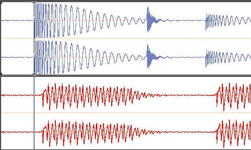 Comparison of timing of drum and bass notes. The bass note is later.