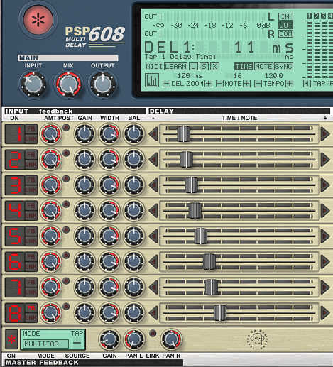 This shows the delay section of PSP Audioware’s 608 Multi Delay, which provides eight taps. Each one has panning, level, filtering, and other ways to modify the sound. 