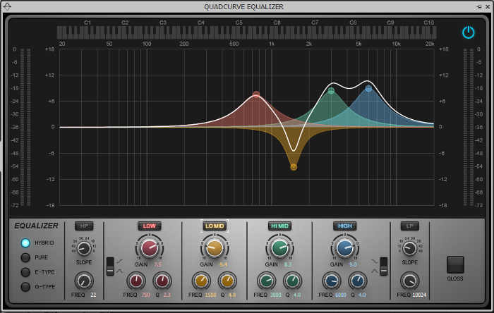 This shows an EQ curve that's based on the main picture that shows four peaks, but changes one of the peaks to a notch for a different sound.