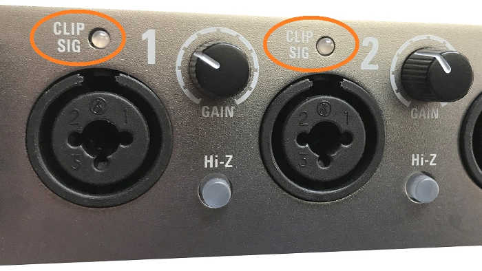 The instruments inputs on an audio interface include clip indicators to show when the input levels are distorting.