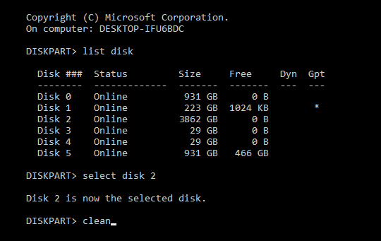 This shows the command line prompts to change the Windows MBR disk format to a GPT disk format.