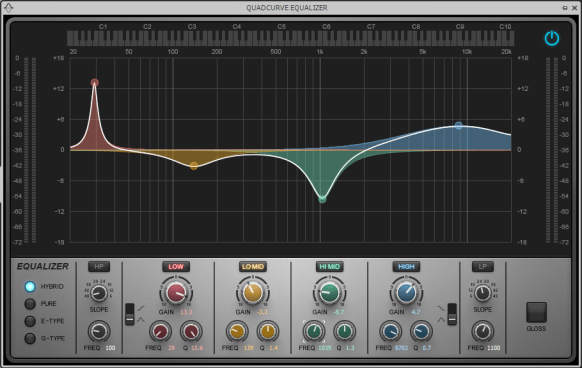 Image of multiple parametric filter boost and cut stages, with varying amounts of resonance (width).