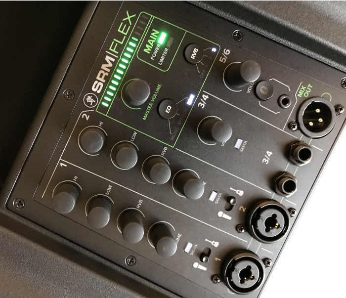 Image of the top control panel of the SRM-Flex, showing the controls, inputs, and output.