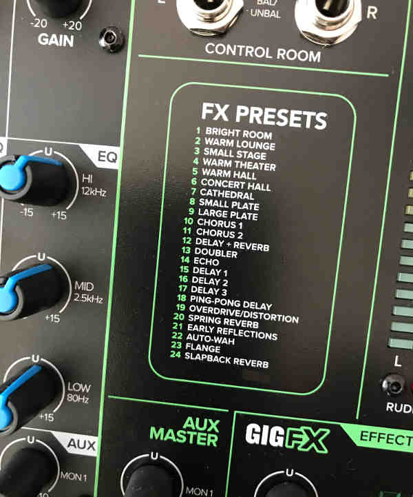 The front panel listing of the 24 effects in the ProFX16v3 mixer.