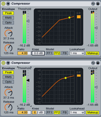 The image shows two different compression curves for Ableton Live, one with a soft knee, the other with a hard knee.