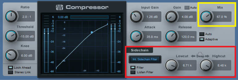 An internal sidechain allows for effects like de-essing, and parallel compression blends the compressed and dry sounds.