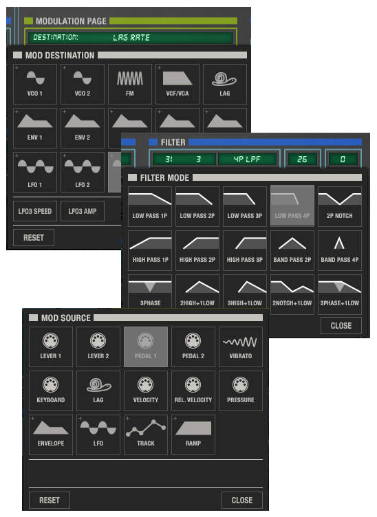 Screen shots of the Modulation Page, Filter Page, and Mod Source page, showing their various icons.
