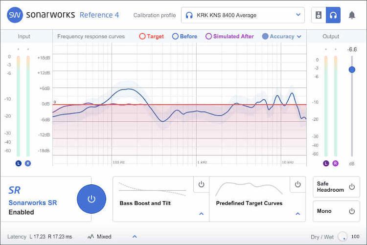 Frequency response curve of a KRK KNS 8400 set of headphones. There's a significant low-frequency boost.