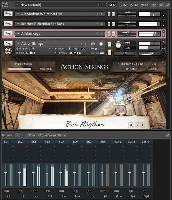 Kontakt from Native Instruments, shown with multiple instruments, each of which drives is own output channel