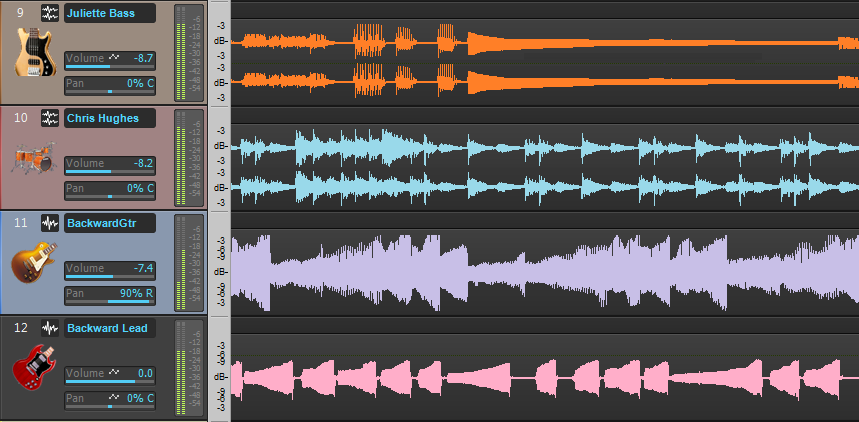 Screen shot of forward and reversed tracks in a DAW