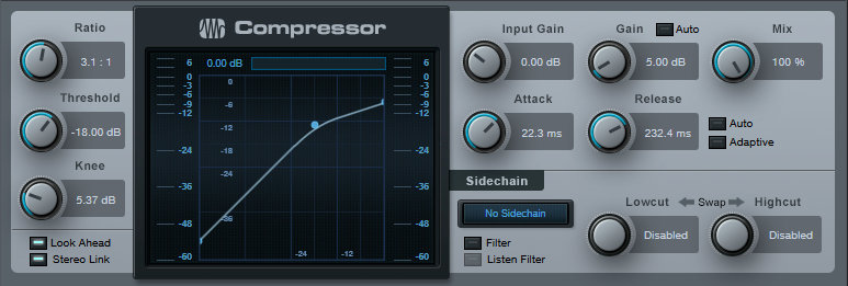 Compression settings for bass, as applied to the compressor effect in PreSonus Studio One.