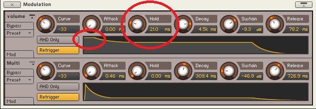 Amplitude envelope from Native Instruments' Kontakt, being tweaked to add a hold time.