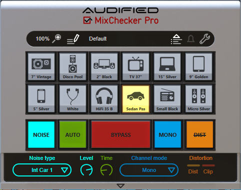 screenshot of Audified's MixChecker that shows an array of buttons for choosing different emulations of playback systems, and variations on those emulations such as background noise and whether the system is mono or stereo.