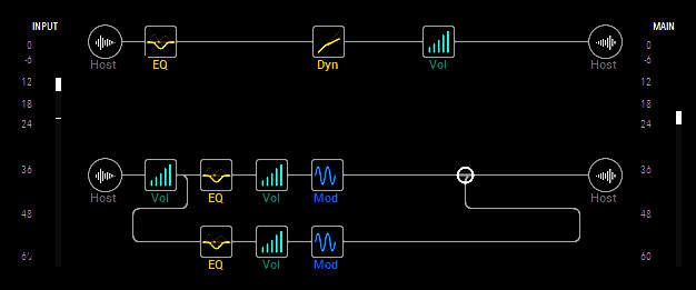Screen shot shows the bass being split into two paths, one dry, and one with signal processors that are layered on top of the dry sound.