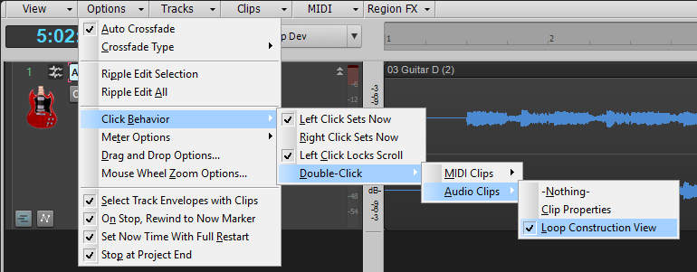 This image shows how to make sure the Loop Construction View opens up when you double-click on a Clip, by navigating a menu tree.