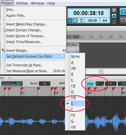 Image shows a drop-down menu from which users can select a Default Groove Clip pitch.