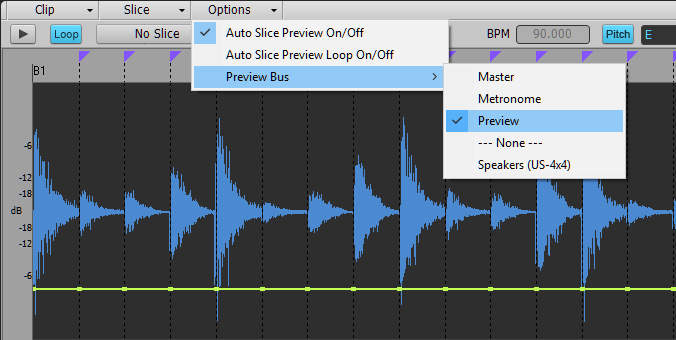 This image shows how to select the Preview bus for loops from the Options menu in the Loop Construction window.